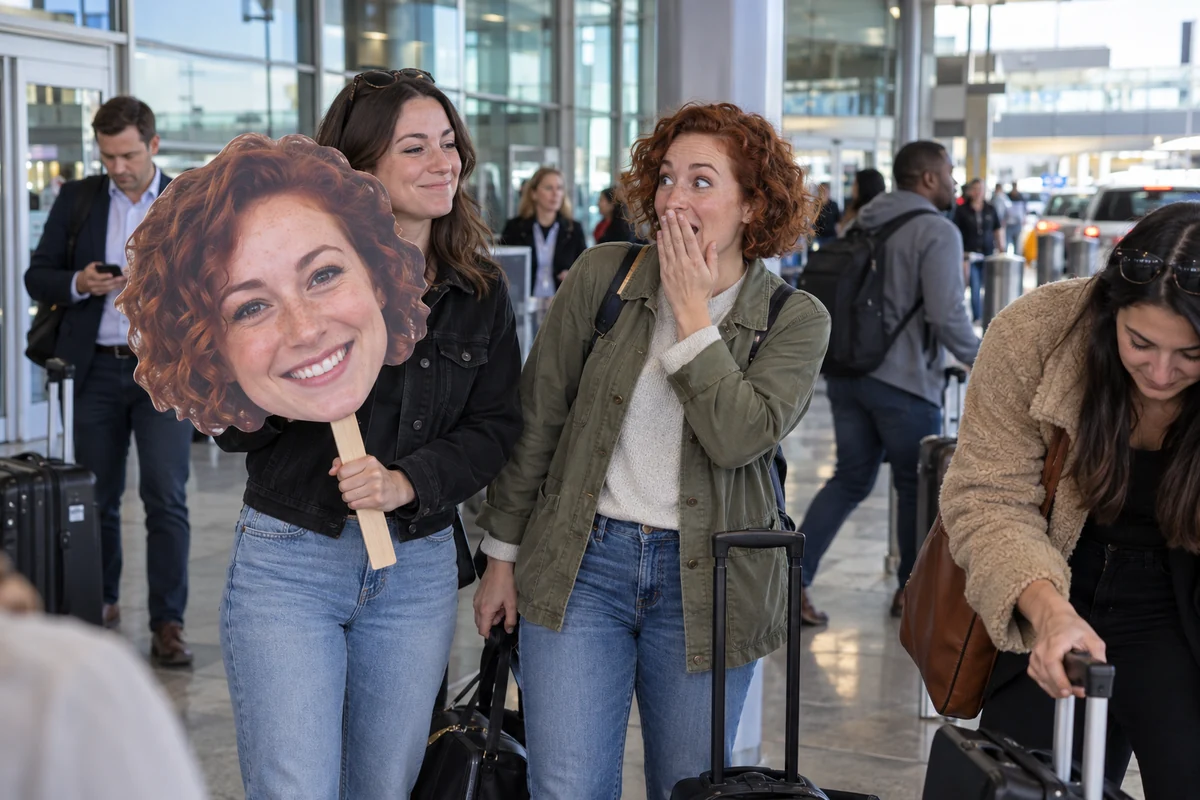 Friends surprising the bride-to-be with her head sign at airport arrivals