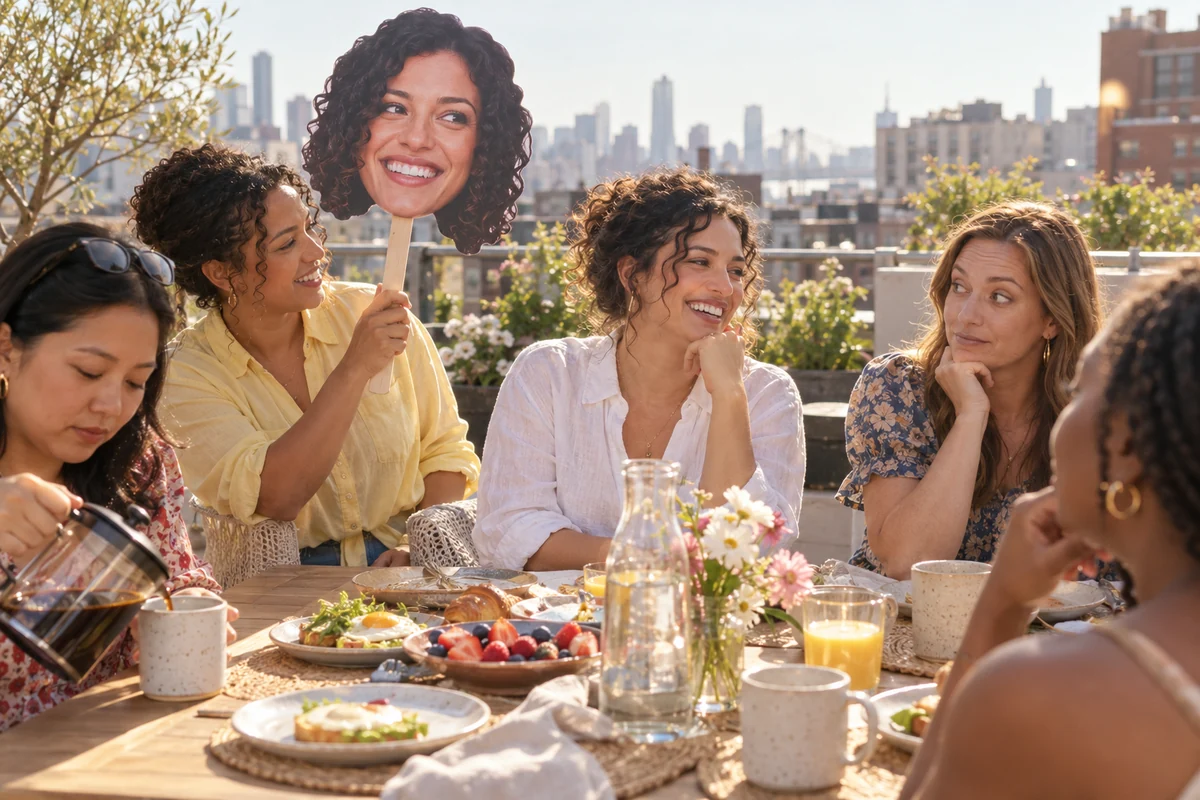 Bachelorette friends sharing rooftop brunch with a bride head sign