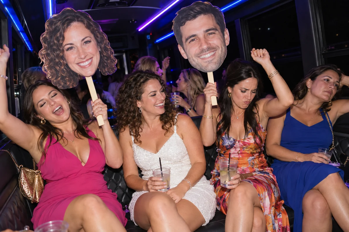 Bachelorette friends with varied expressions holding bride and fiancé head signs on a flash-lit party bus