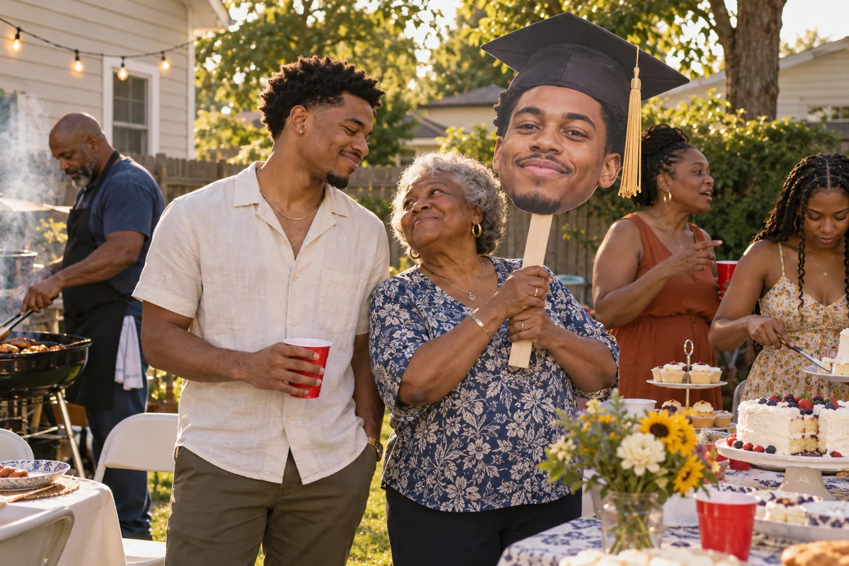 A grandmother holding her adult grandson’s graduation head sign at a family cookout