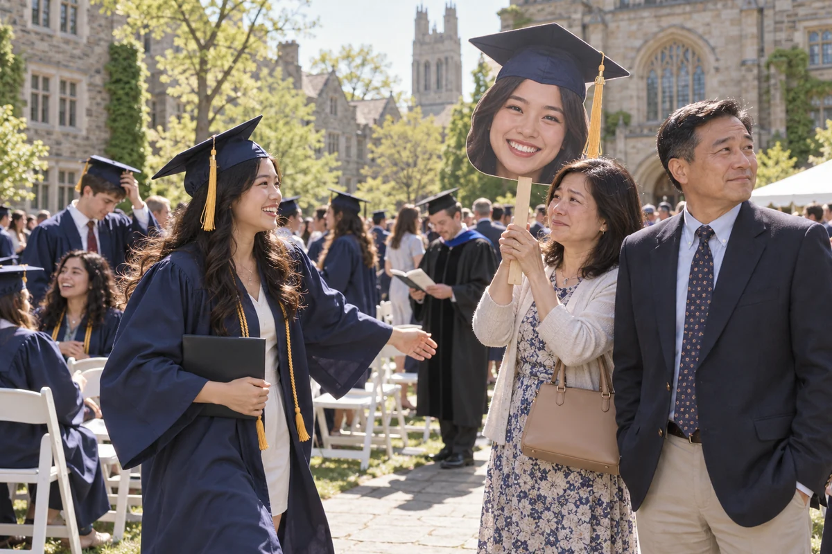 A graduate and her family with a full-cap head sign at college commencement