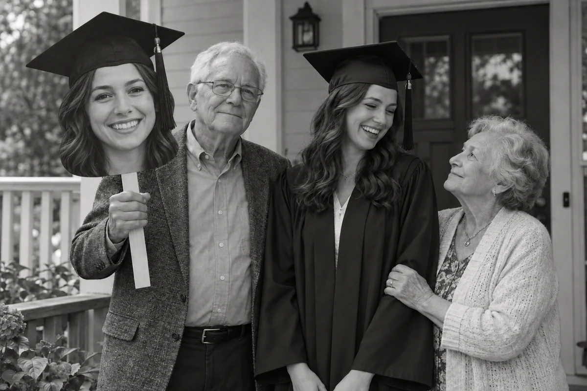 A graduate sharing a quiet moment with grandparents as her grandfather holds her graduation head sign