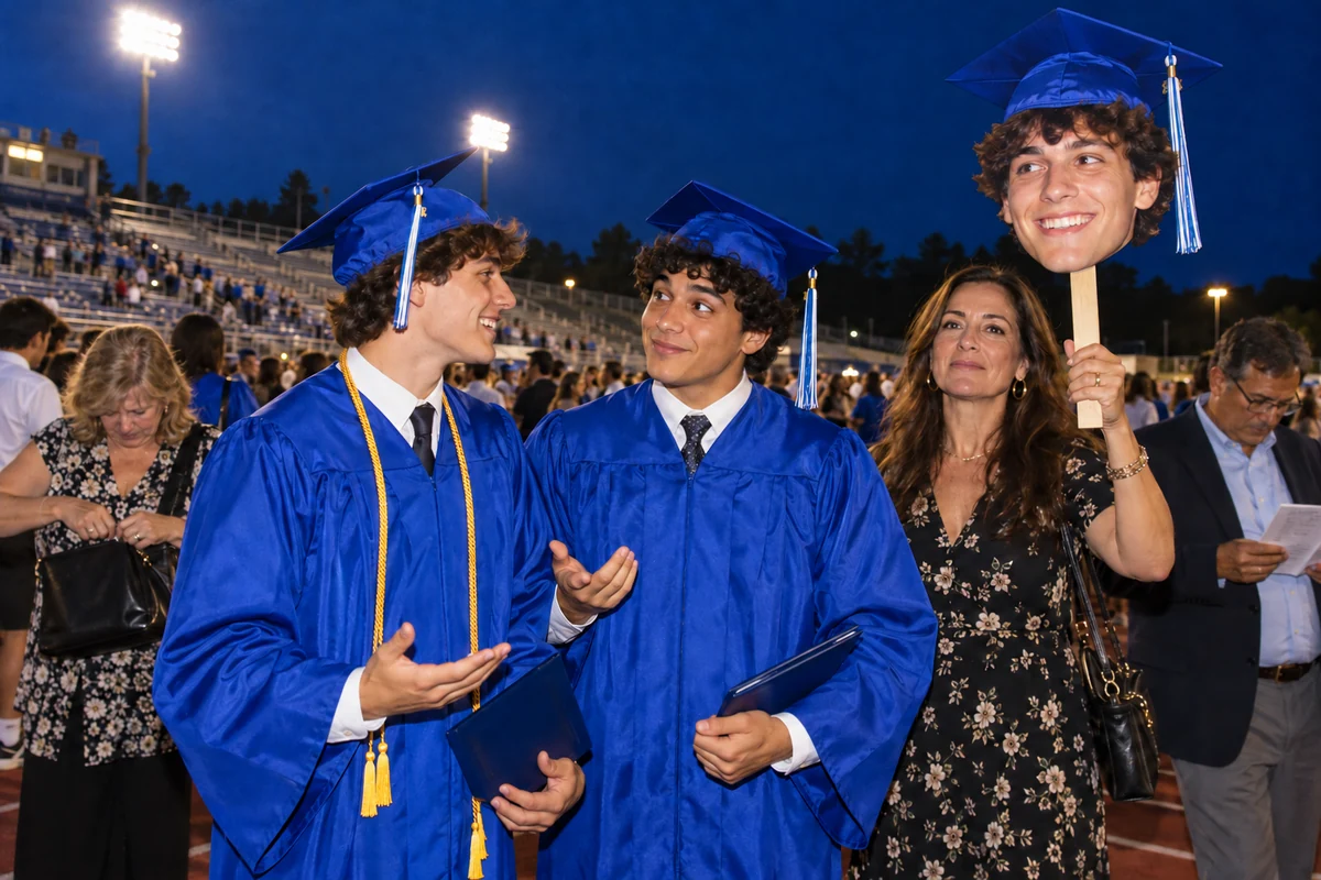 Adult graduates and family with a blue cap-and-tassel head sign at an evening school celebration