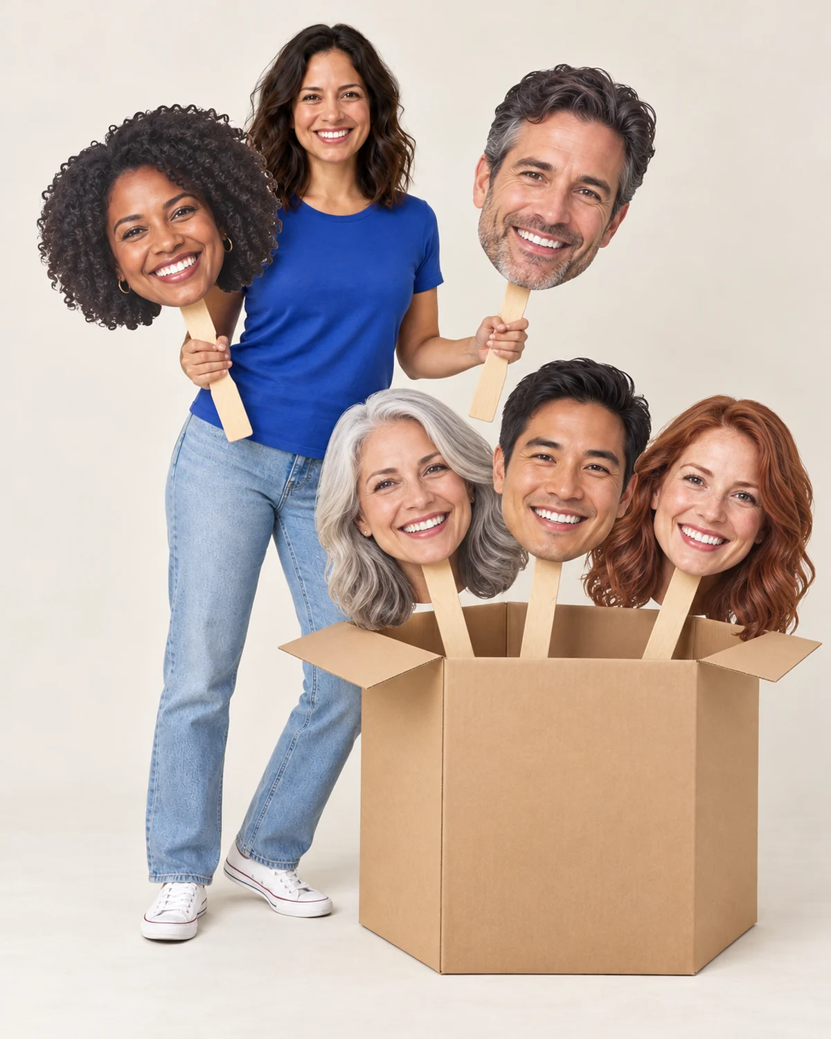 Woman with a whole party of head signs in a shipping box