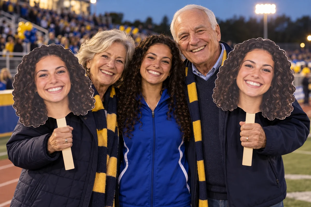 Grandparents holding matching head signs beside their adult granddaughter