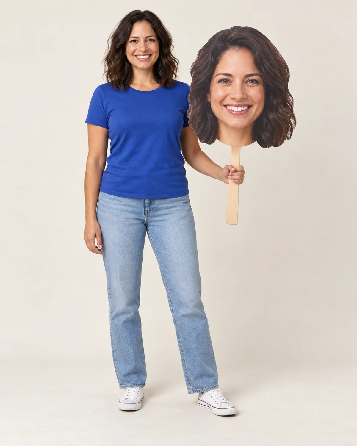 Woman holding an 18 by 24 inch head sign