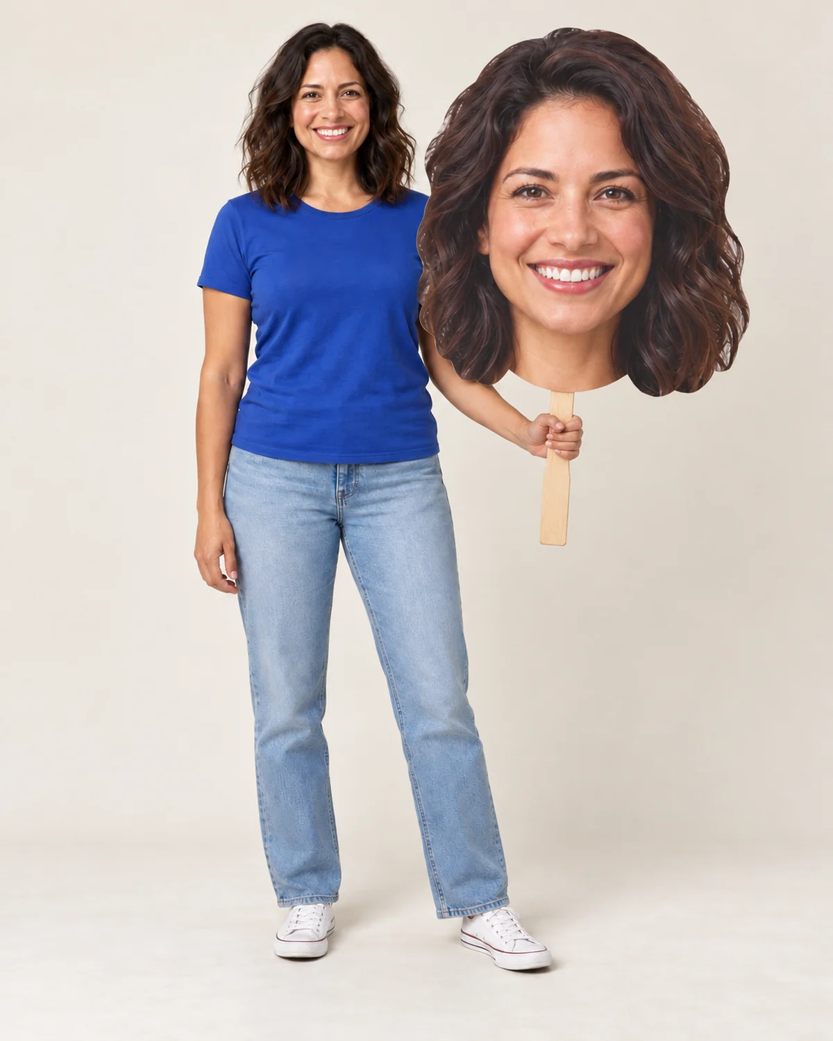 The same woman holding the larger 24 by 36 inch head sign