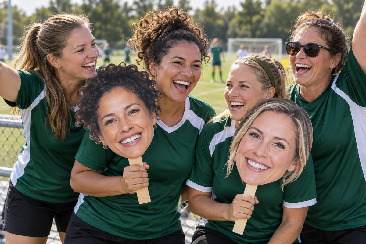 Adult women soccer teammates celebrating with oversized head signs
