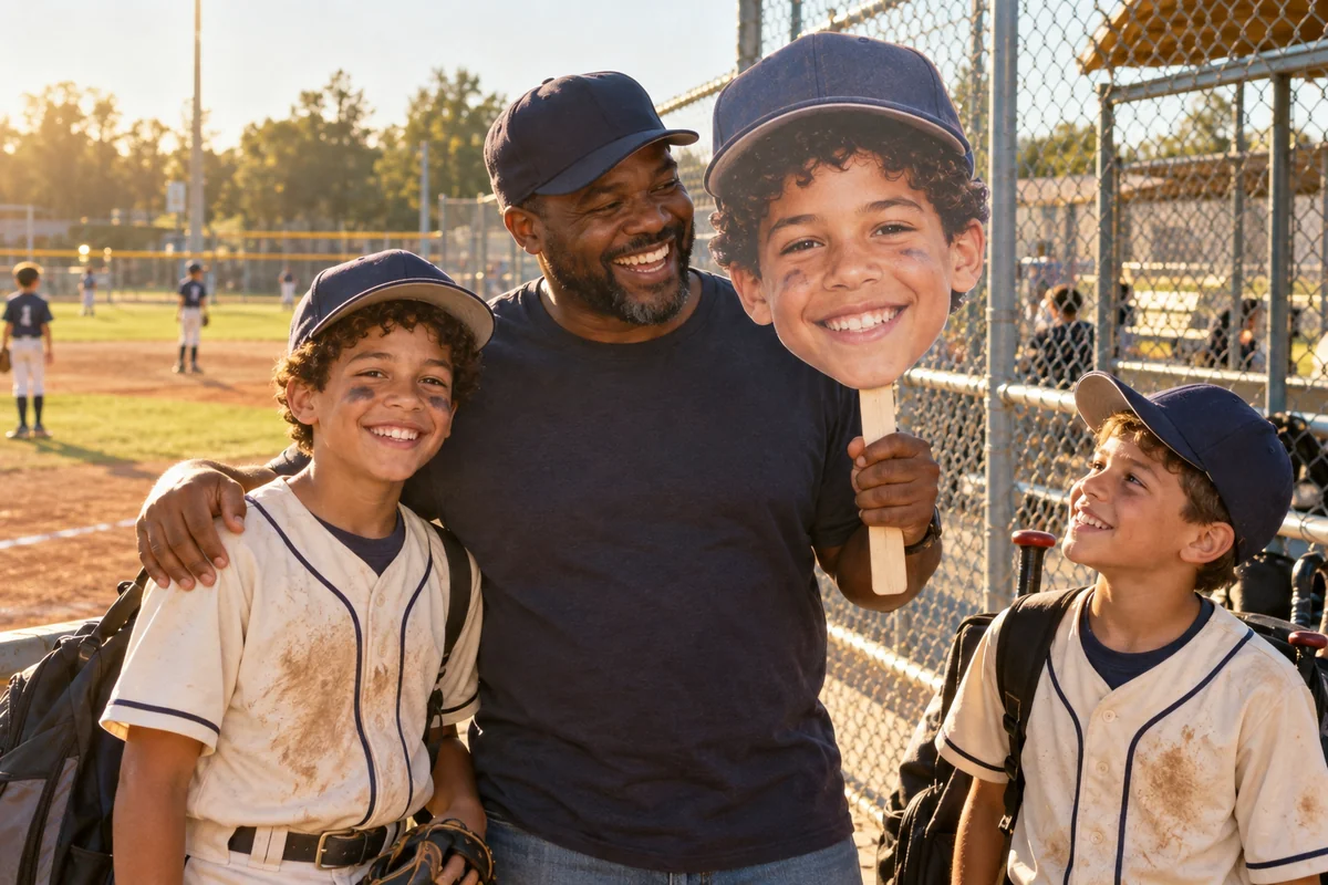 A dad and youth baseball players celebrating with a baseball cap head sign