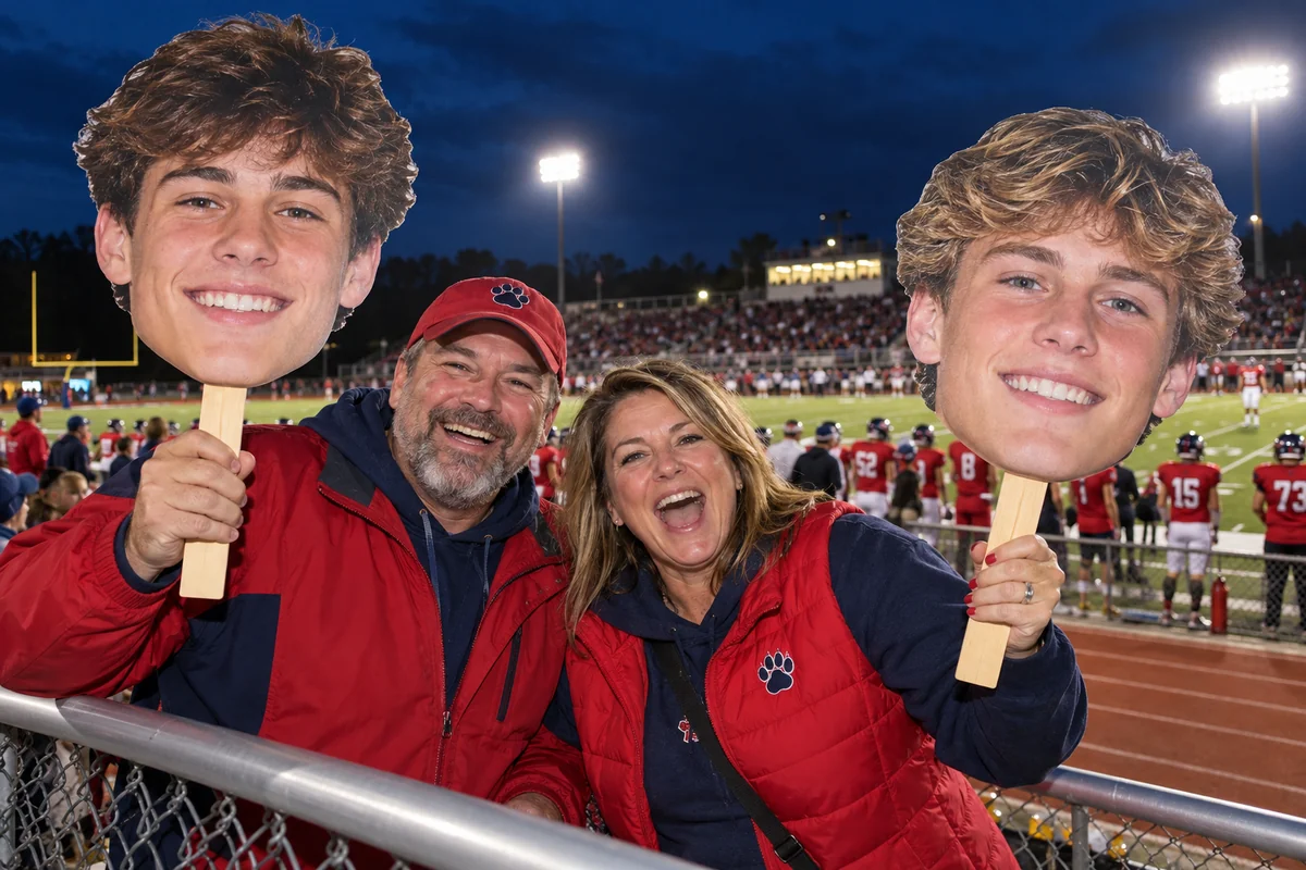 Parents cheering with head signs at a high school football game
