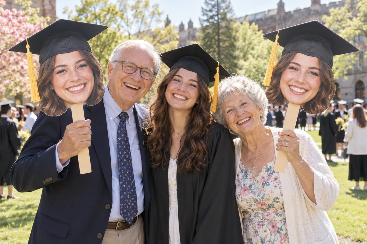 Elderly parents holding head cutouts with graduation caps beside their adult daughter