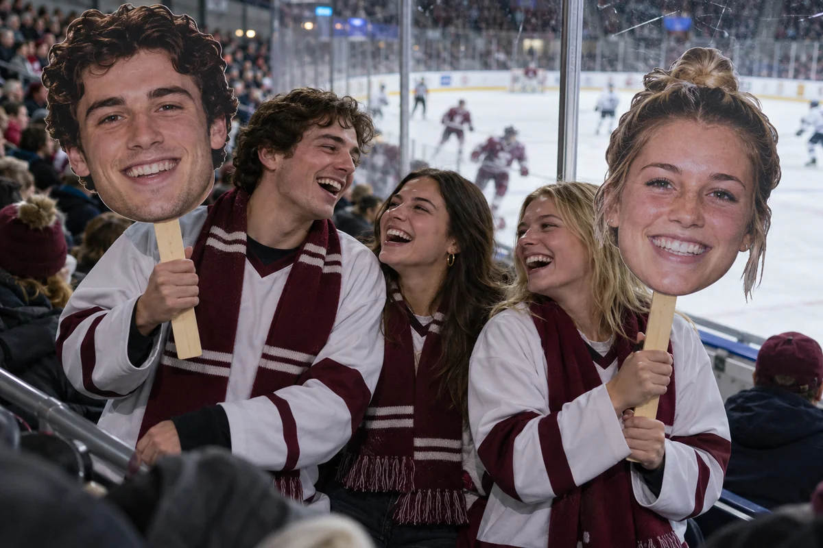 College hockey fans holding player head signs at an ice rink