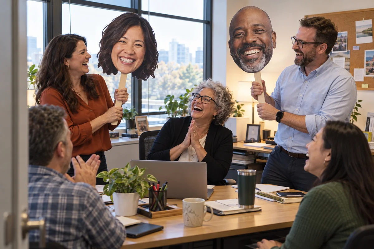 Coworkers celebrating around a desk with oversized head signs
