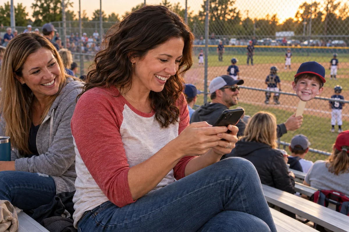 A happy baseball parent using her phone to share a team link from the bleachers