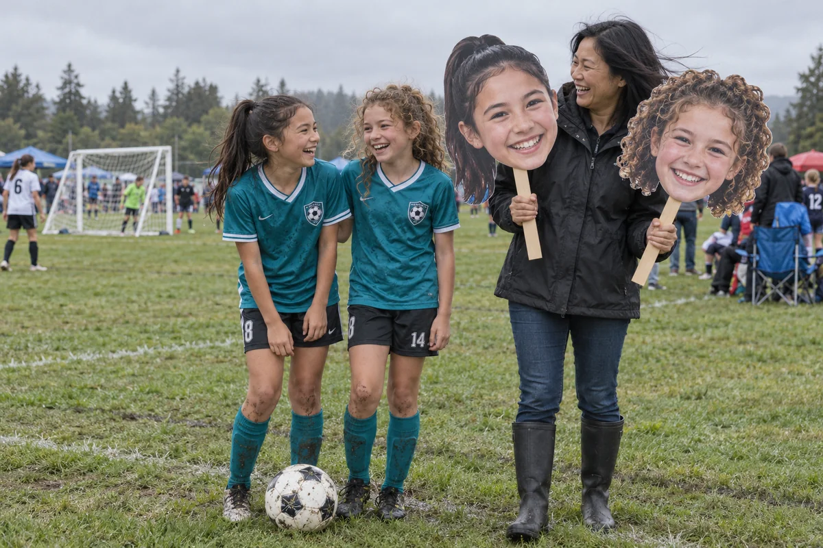 A mother and young soccer players with their head signs beside the field