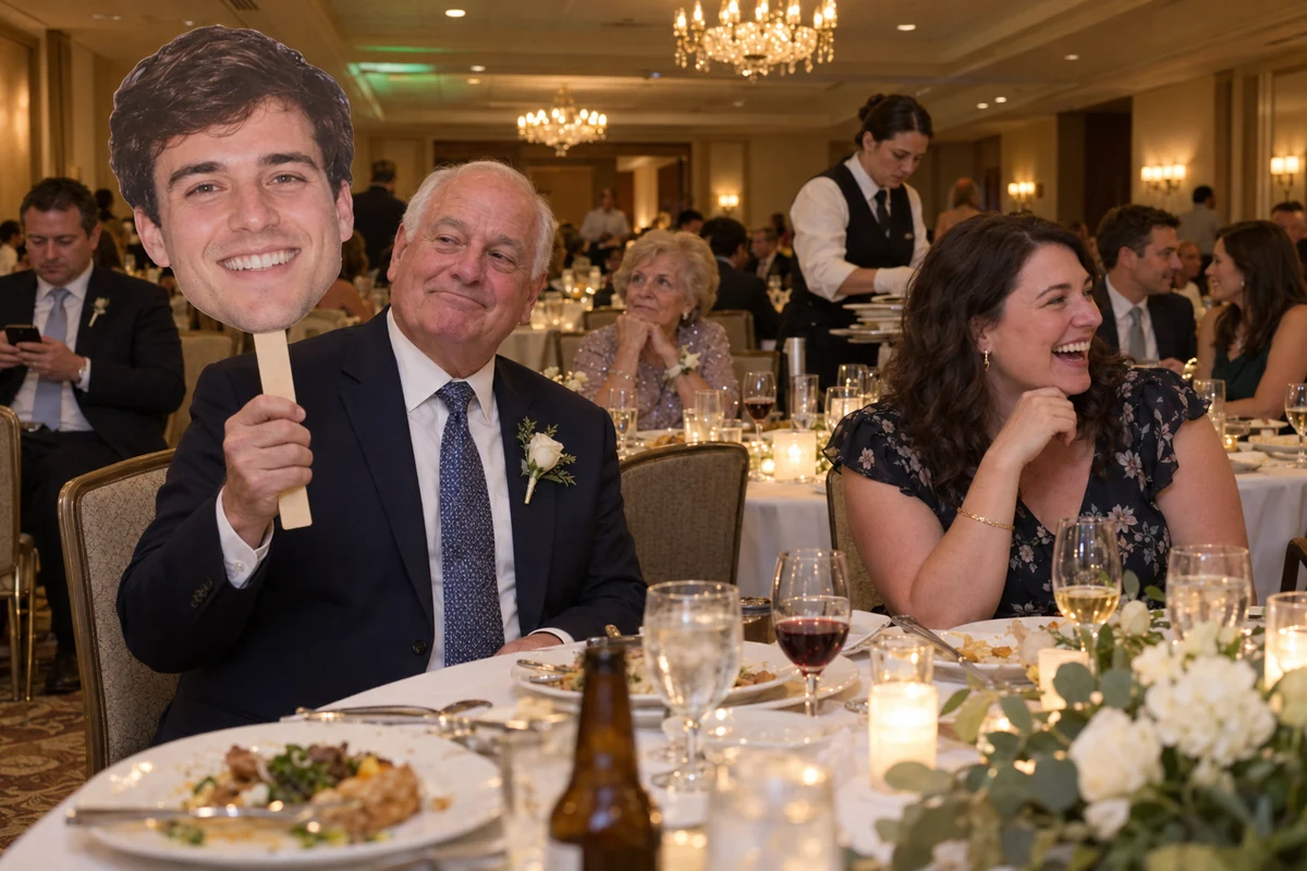 A father holding a groom head sign at a banquet table as guests listen and chat
