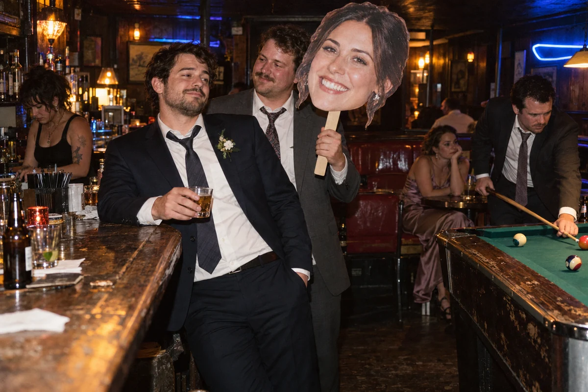 A wedding after-party with a bride head sign, a pool game, and guests relaxing in a neighborhood bar