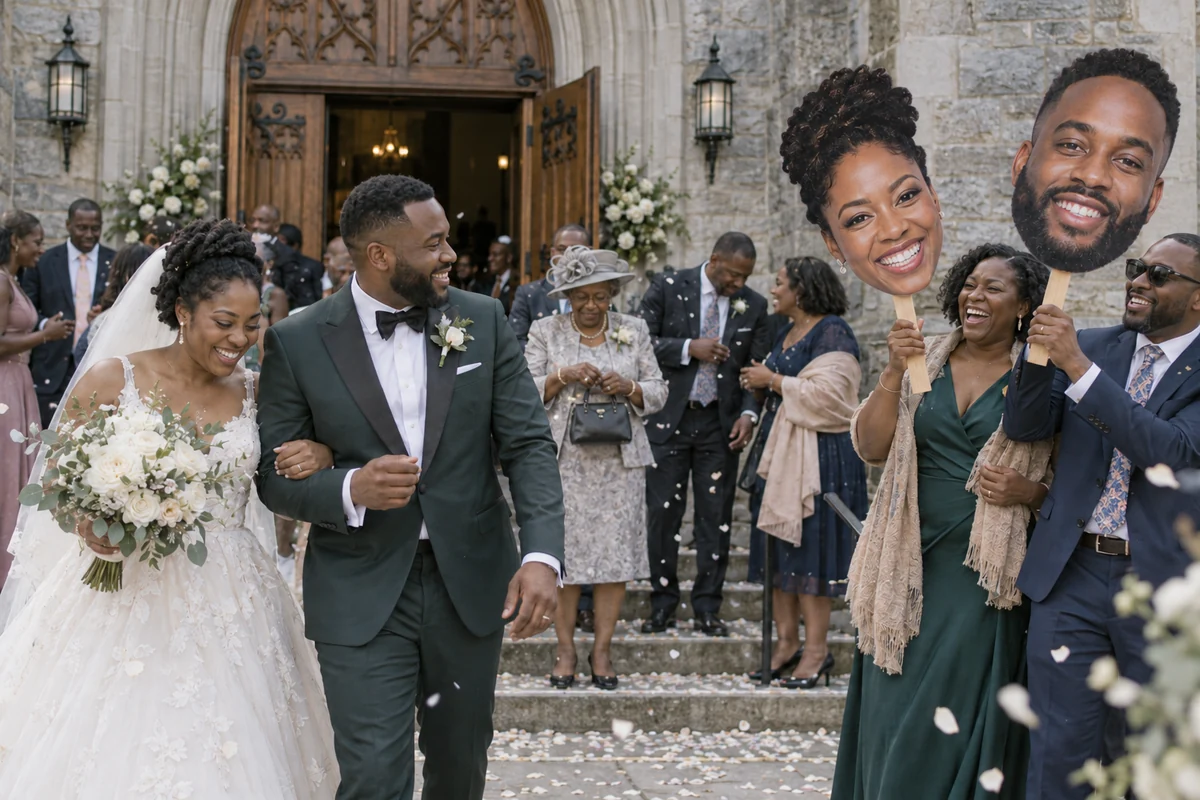 Guests holding bride and groom head signs outside a stone church as the couple leaves