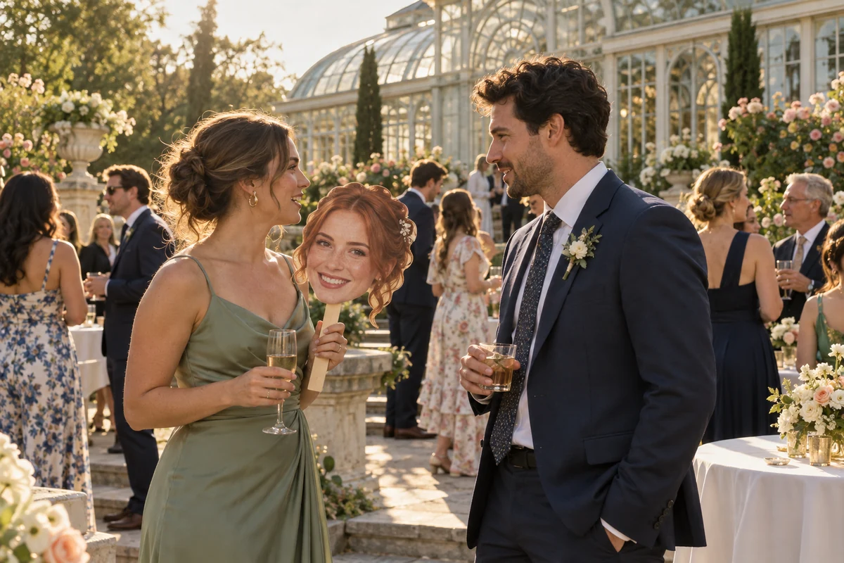 Wedding guests chatting with a bride head sign on a sunny conservatory terrace